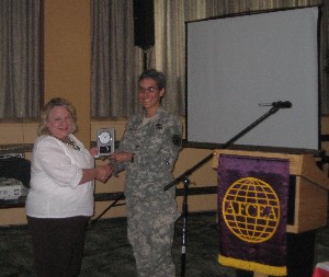 In August, Mary Benko (l) receives a 2009 AFCEA Meritorious Service Award from Col. Fraley. Benko has a history of continuous and dedicated support to AFCEA in multiple chapters. She has been a loyal member to AFCEA since 1998, and she continues to serve on the Stuttgart Chapter's executive board as the tech expo coordinator.